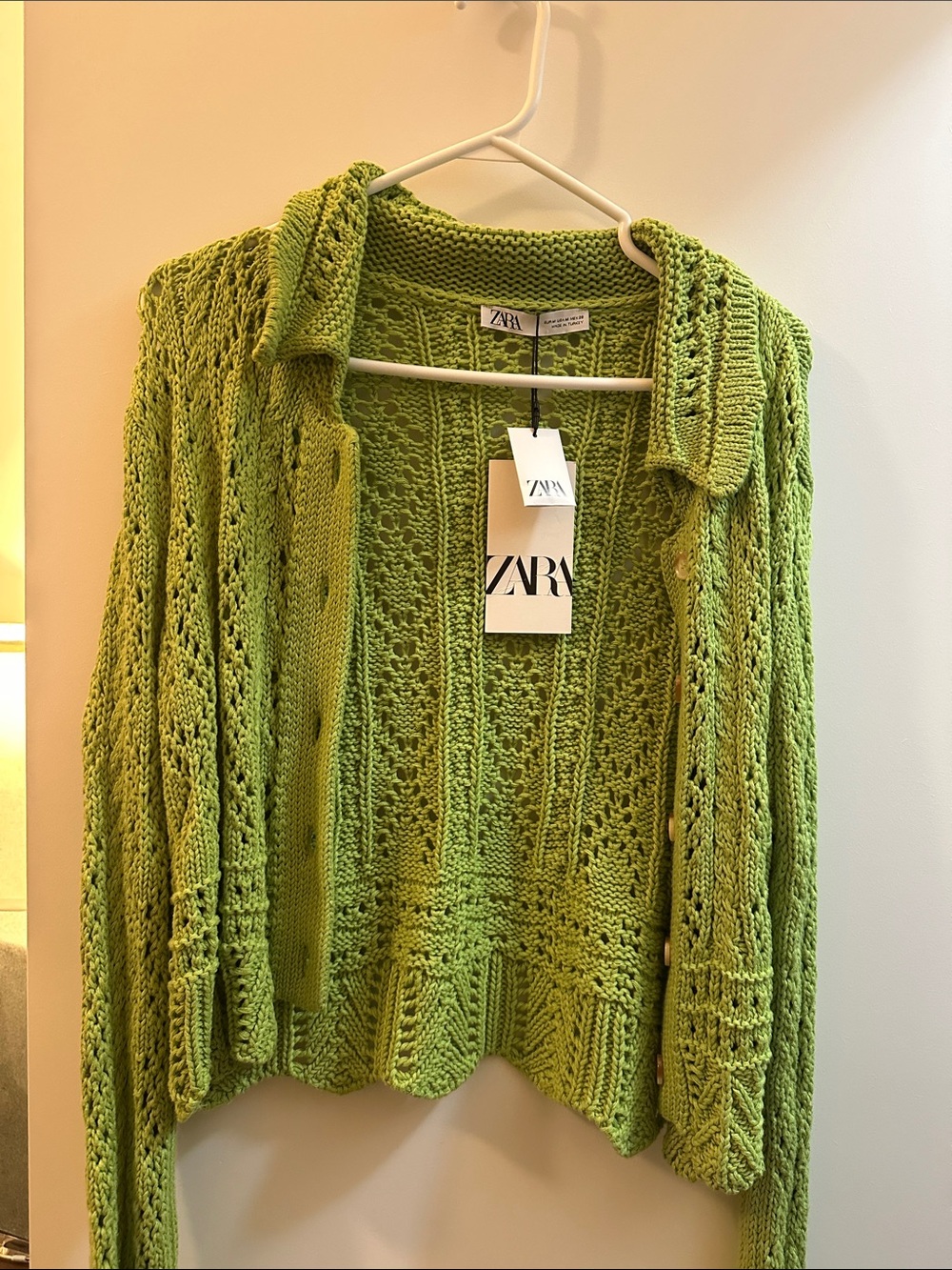 Zara Lime Green Open-Knit Collared Cardigan